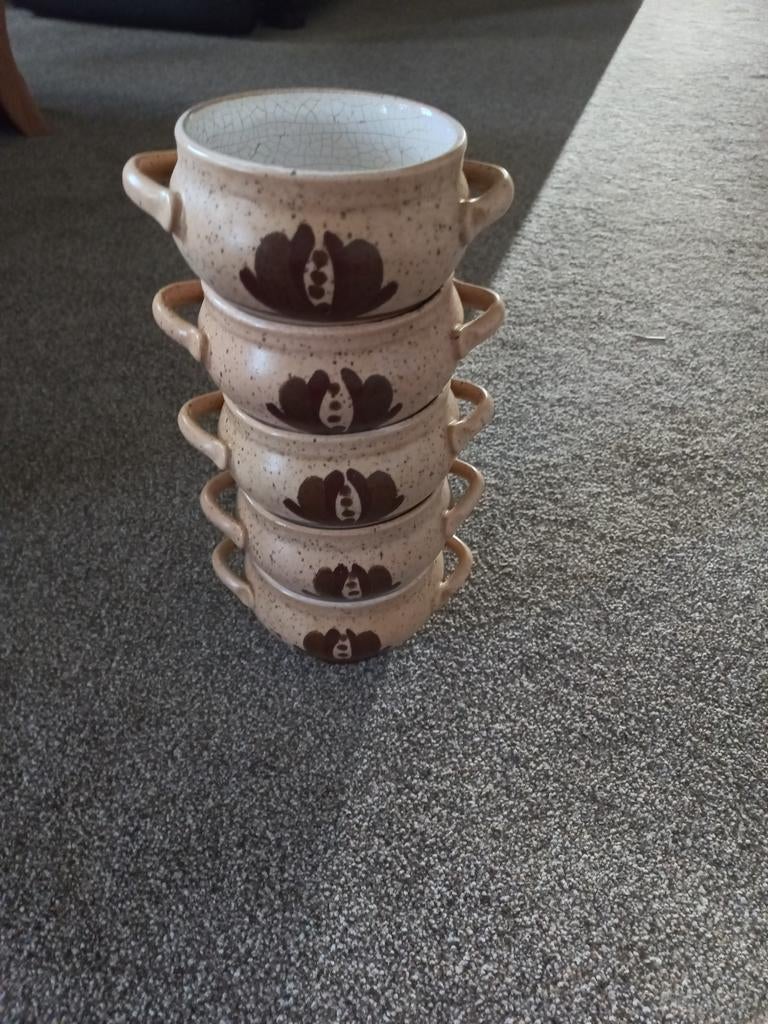 5 Vintage Soepkommen met Handvatten - Bruin Bloemmotief, Ophalen of Verzenden