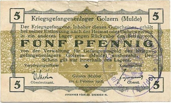 WOI kampgeld Golzern (Mulde) 5 pfennig 1916 POW, Postzegels en Munten, Bankbiljetten | Europa | Niet-Eurobiljetten, Los biljet