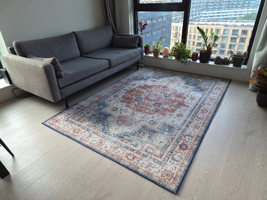 Foto 3 van Vloerkleed - blauw met rood/roze - 230 x 160 cm