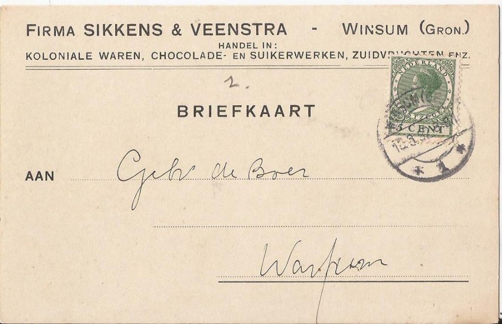 WINSUM (Gron.) Fa SIKKENS & VEENSTRA Koloniale Waren Chocola, Verzamelen, Ophalen of Verzenden, 1920 tot 1940, Gelopen, Groningen
