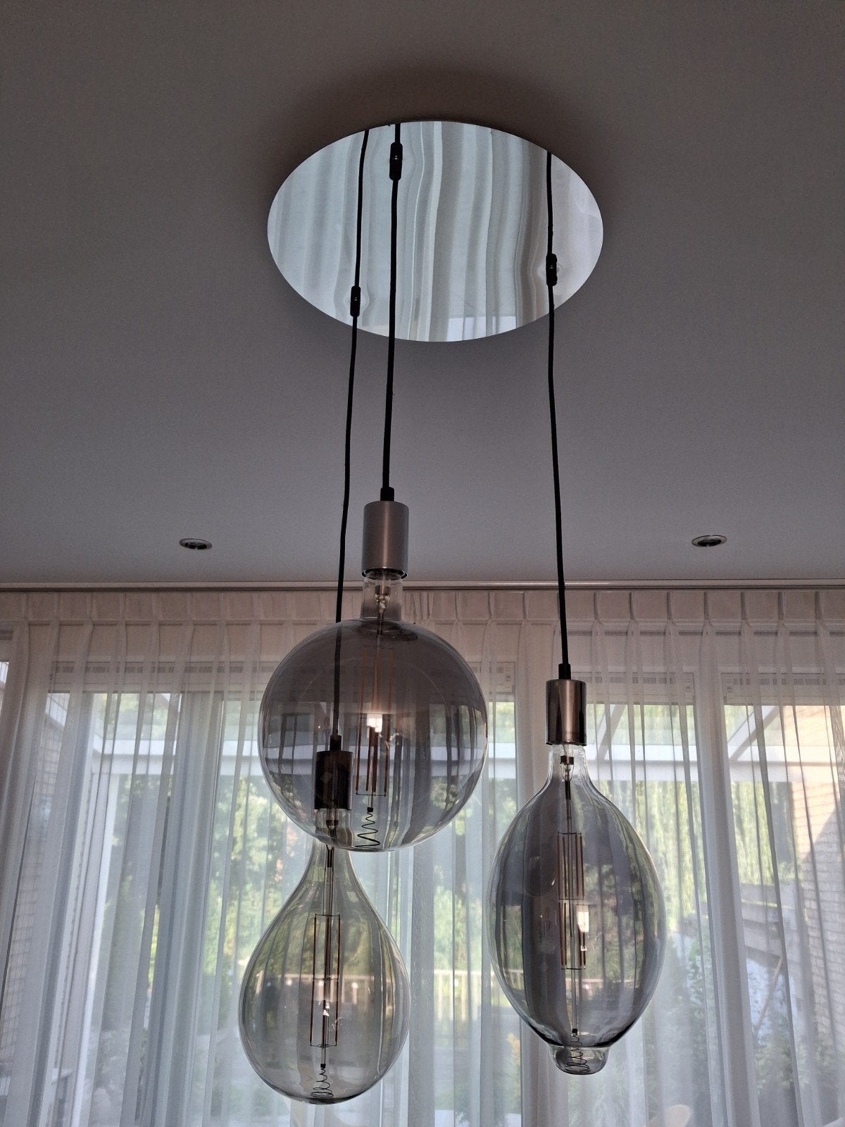 Moderne hanglamp met 3 glazen bollen, dimbaar, E27 fitting, Ophalen, Modern, Industrieel, E27 (groot), Zo goed als nieuw