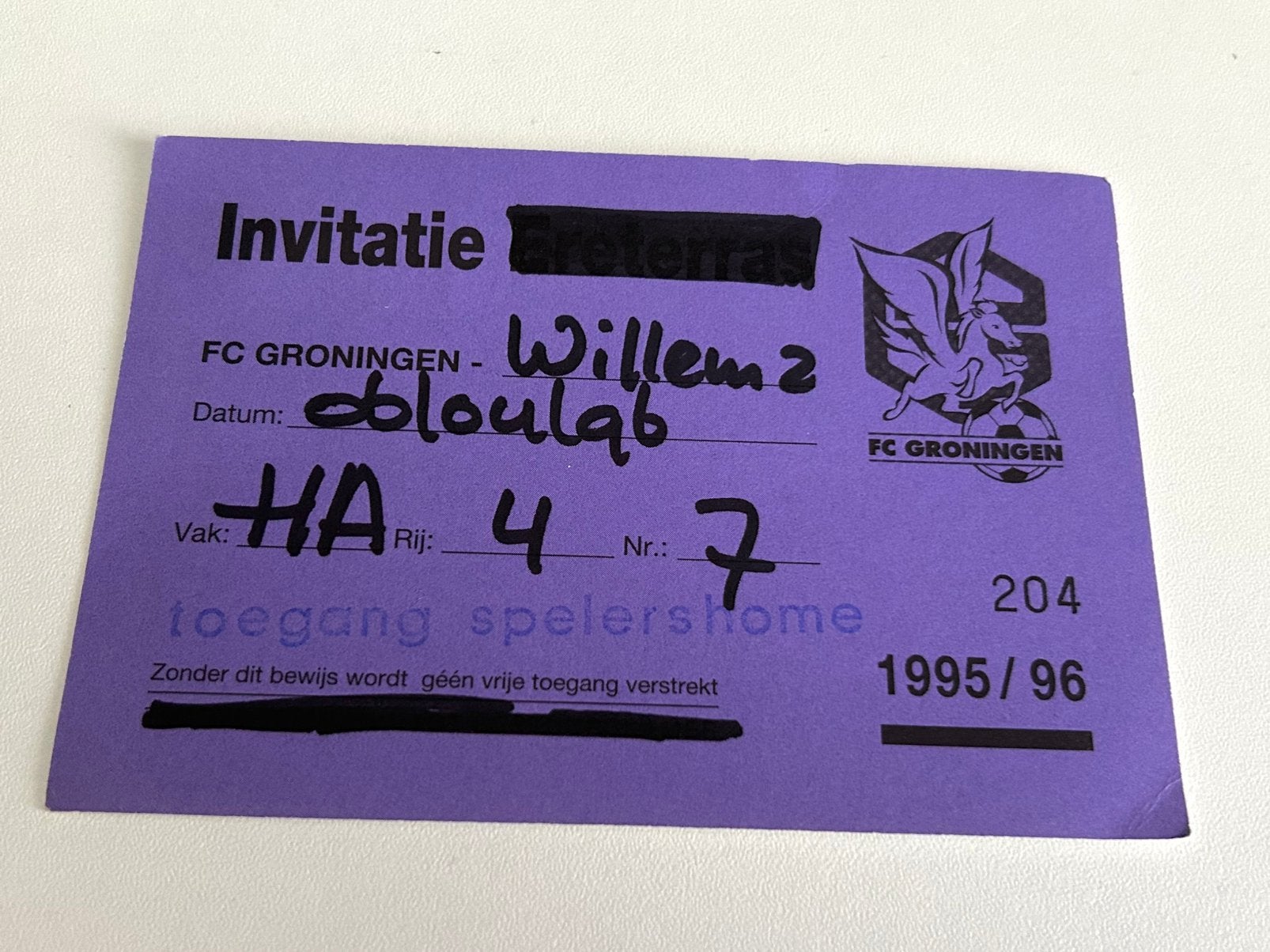 kaartje FC Groningen-Willem II + toegang spelershome, Verzenden, Gebruikt, Willem II