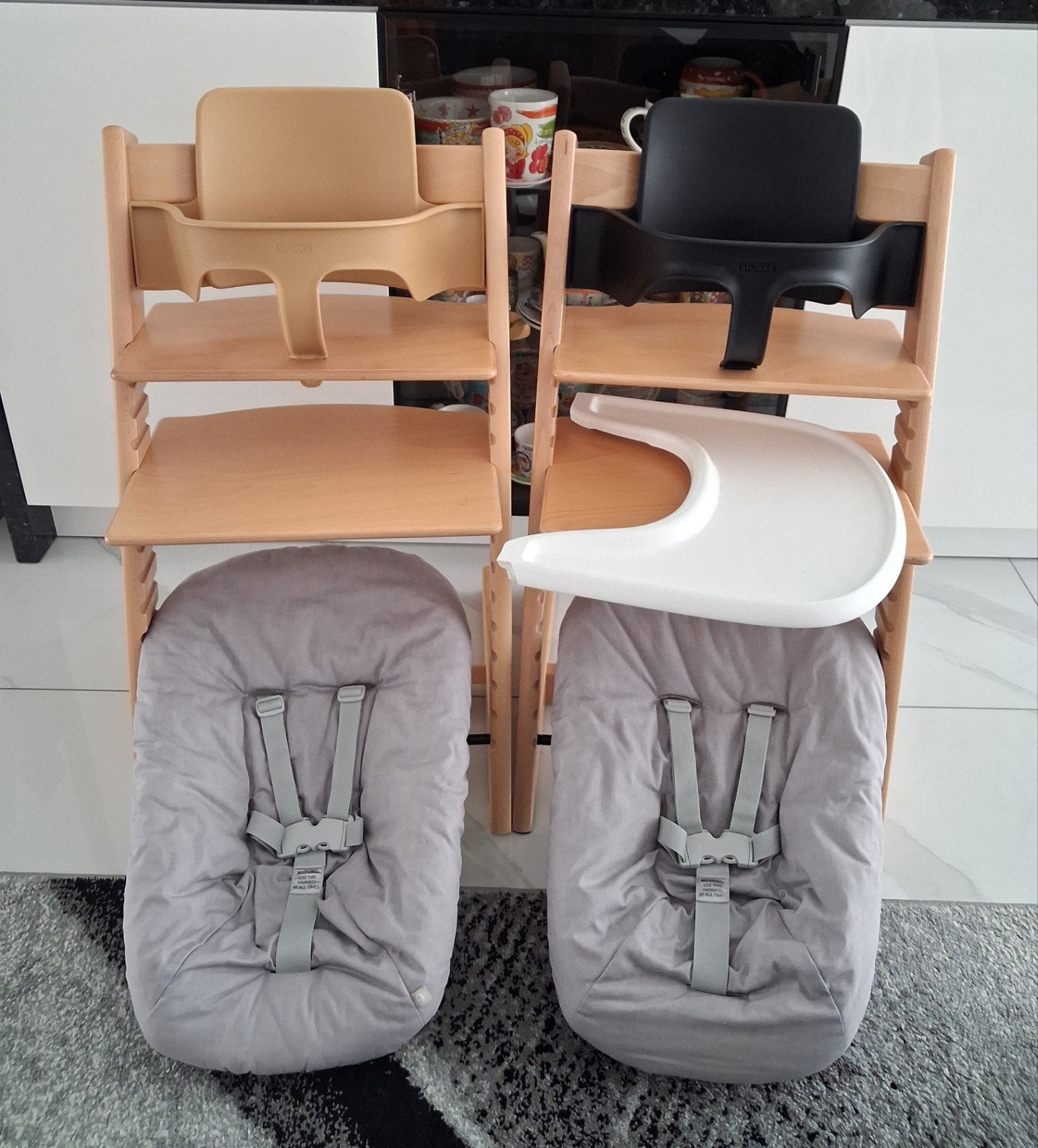 2x ZGAN Stokke Beuken / Newborn 2 Standen / Babyset / Blad, Ophalen of Verzenden, Zo goed als nieuw, Meegroeistoel, Afneembaar eetblad
