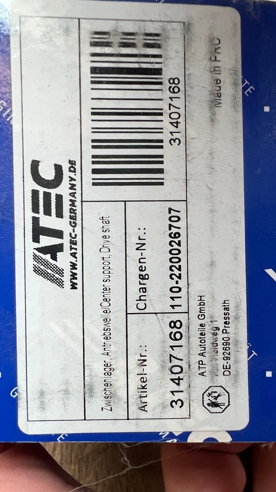 BMW ATEC 31407168 Tussenlager Aandrijfas 110-220026707, Auto-onderdelen, Ophalen of Verzenden, Nieuw, Universele onderdelen