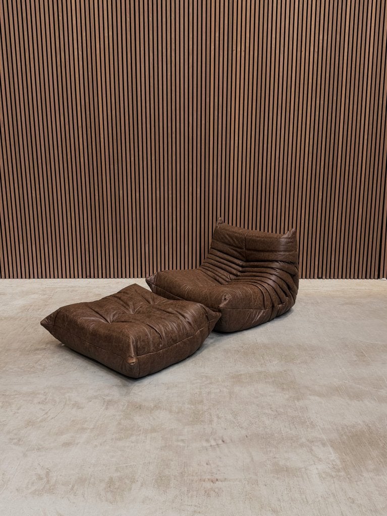 Ligne Roset Togo Fireside eenzits en ottoman | Mokka Leder, Ophalen of Verzenden