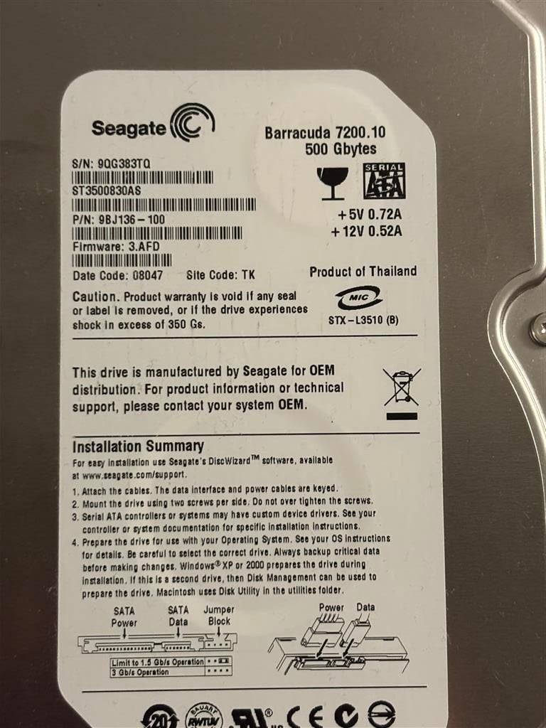 Seagate Barracuda 7200.10 500GB SATA Harde Schijf 3.5 inch, Computers en Software, Intern, Gebruikt, Ophalen of Verzenden, Desktop