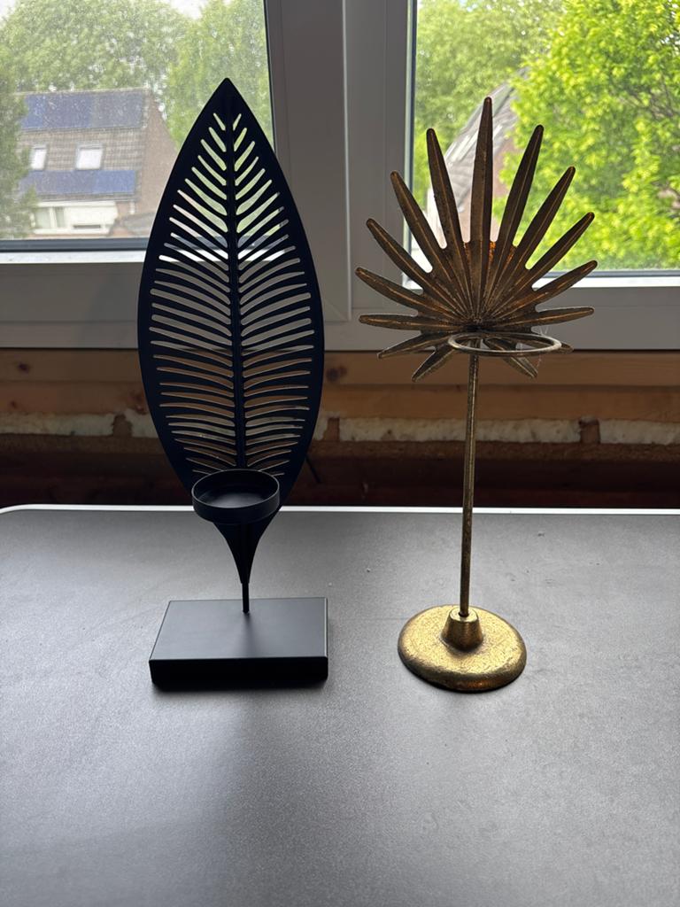 Set van 2 theelichthouders: zwart blad en gouden palm, Huis en Inrichting, Ophalen, Zwart, Zo goed als nieuw, Metaal