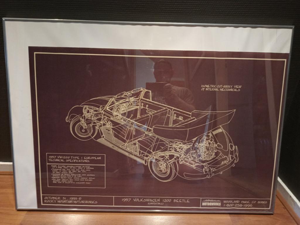 Ingelijste poster '57 VW kever Cabrio, Ophalen, 50 tot 75 cm, Zo goed als nieuw, 75 tot 100 cm