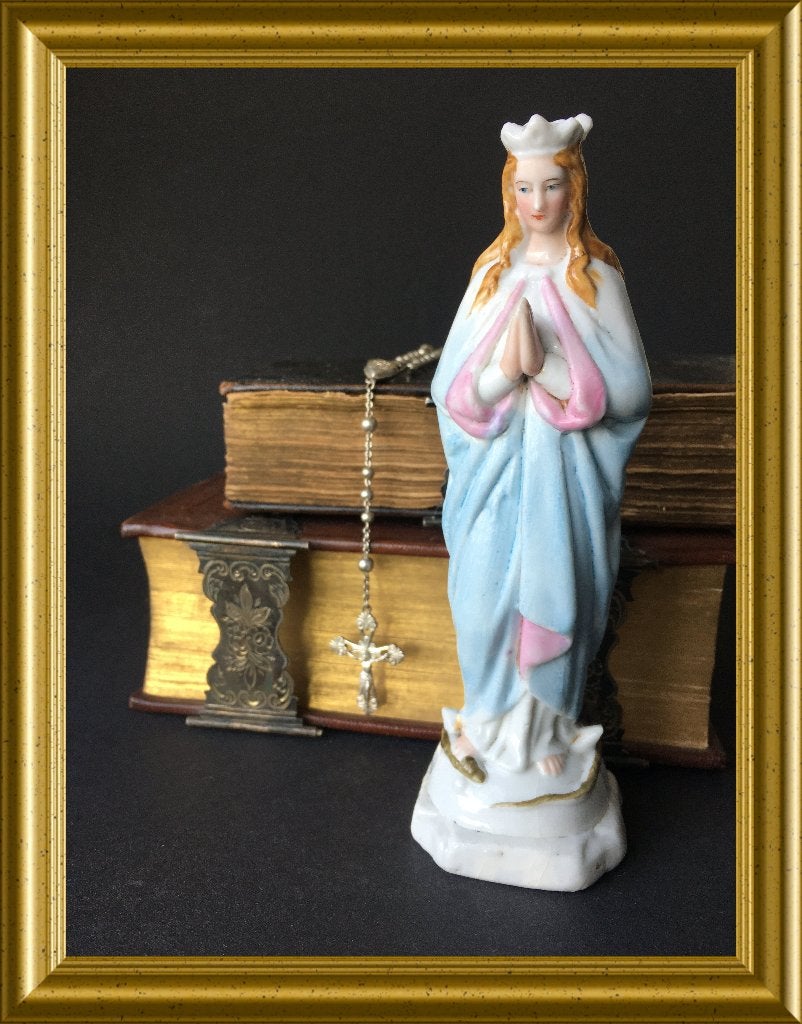 Klein antiek porseleinen Mariabeeldje: Maria, slang, Ophalen of Verzenden