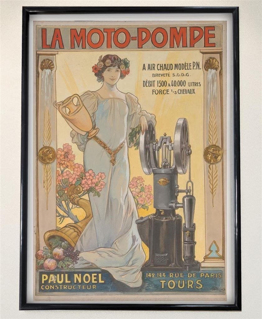 La Moto-Pompe Art Nouveau Jugendstil Poster Print in lijst, Verzenden, Nieuw, A1 t/m A3, Film en Tv