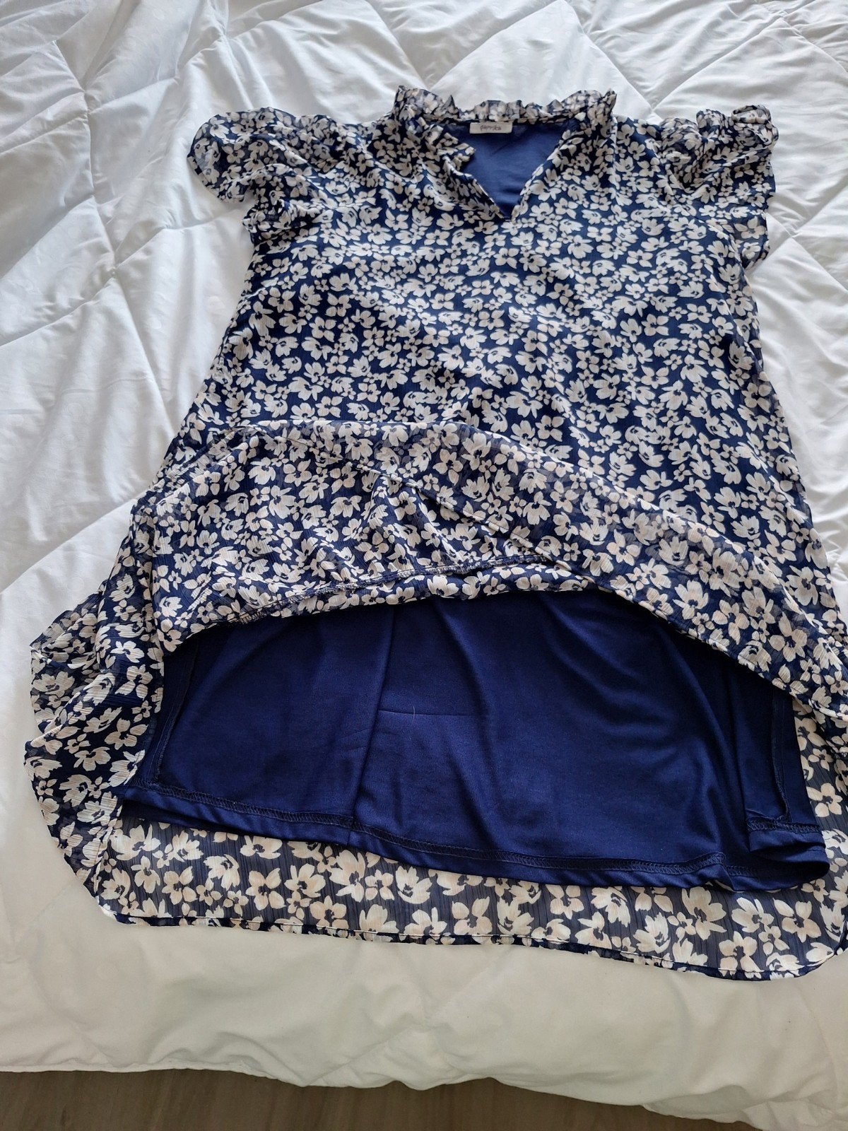 Zomerse bloemenjurk met ruches - Maat 46, Kleding | Dames, Ophalen, Blauw, Maat 46/48 (XL) of groter, Zo goed als nieuw