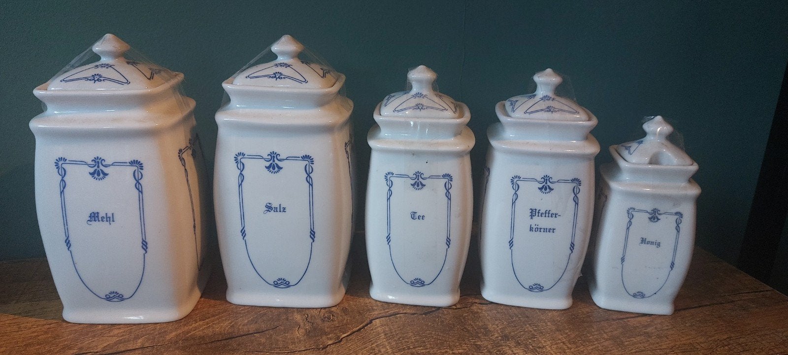 Vintage Keukenset: 5 Porseleinen Voorraadpotten, Antiek en Kunst, Ophalen of Verzenden