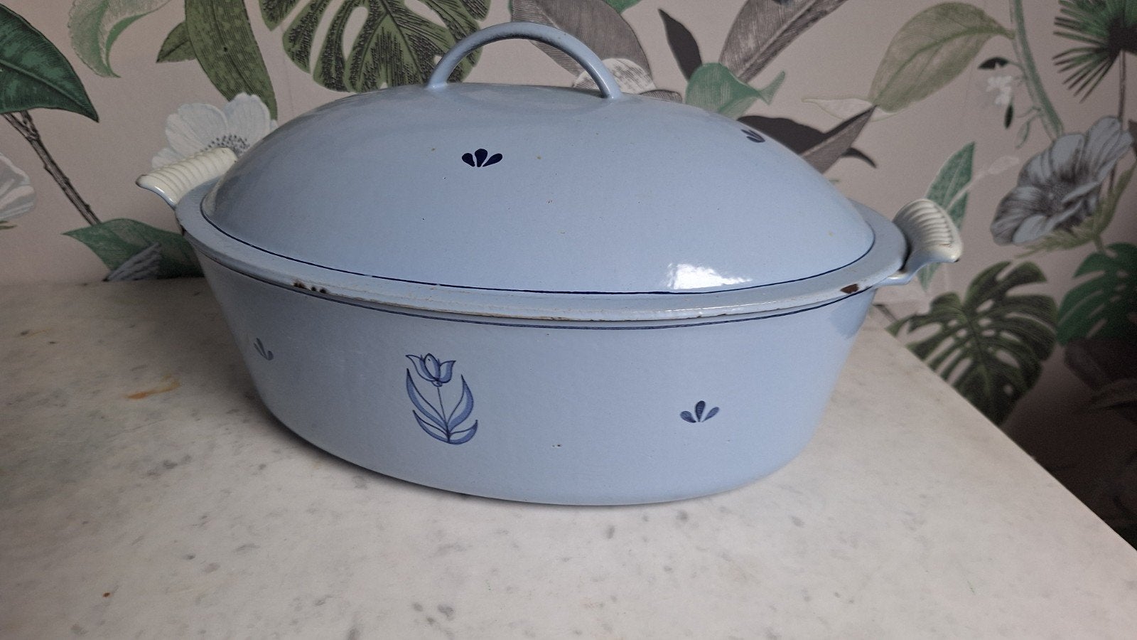 Vintage DRU Tulp Ovenschaal - Blauw Geëmailleerd Gietijzer, Ophalen