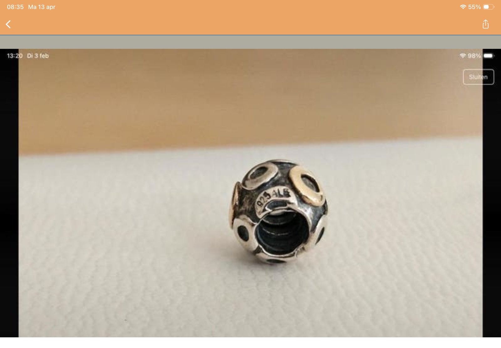 Pandora Bedel. NIEUW met Goud, Sieraden, Tassen en Uiterlijk, Bedels, Verzenden, Nieuw, Zilver, Pandora