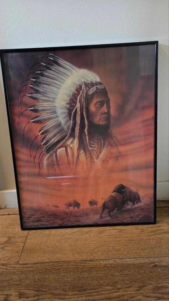 Mooi ingelijst indianenschilderij met buffels, Antiek en Kunst, Ophalen of Verzenden