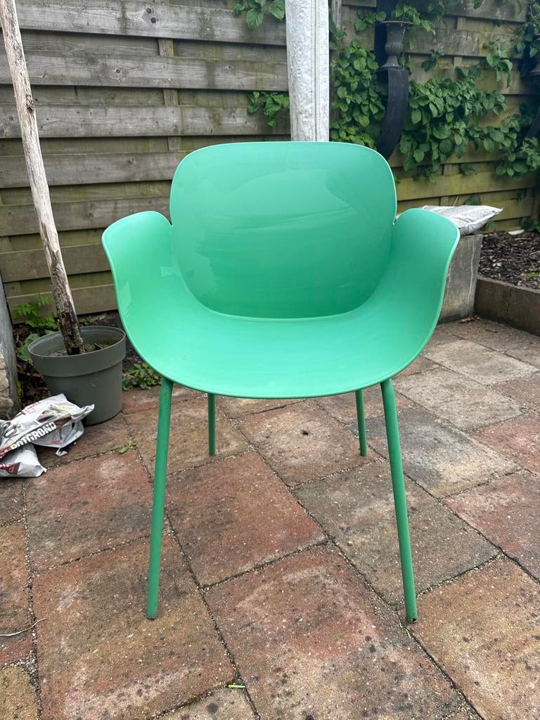 Zes groene stoelen, stapelbaar en demontabel, Kunststof, Gebruikt, Overige kleuren, Ophalen of Verzenden
