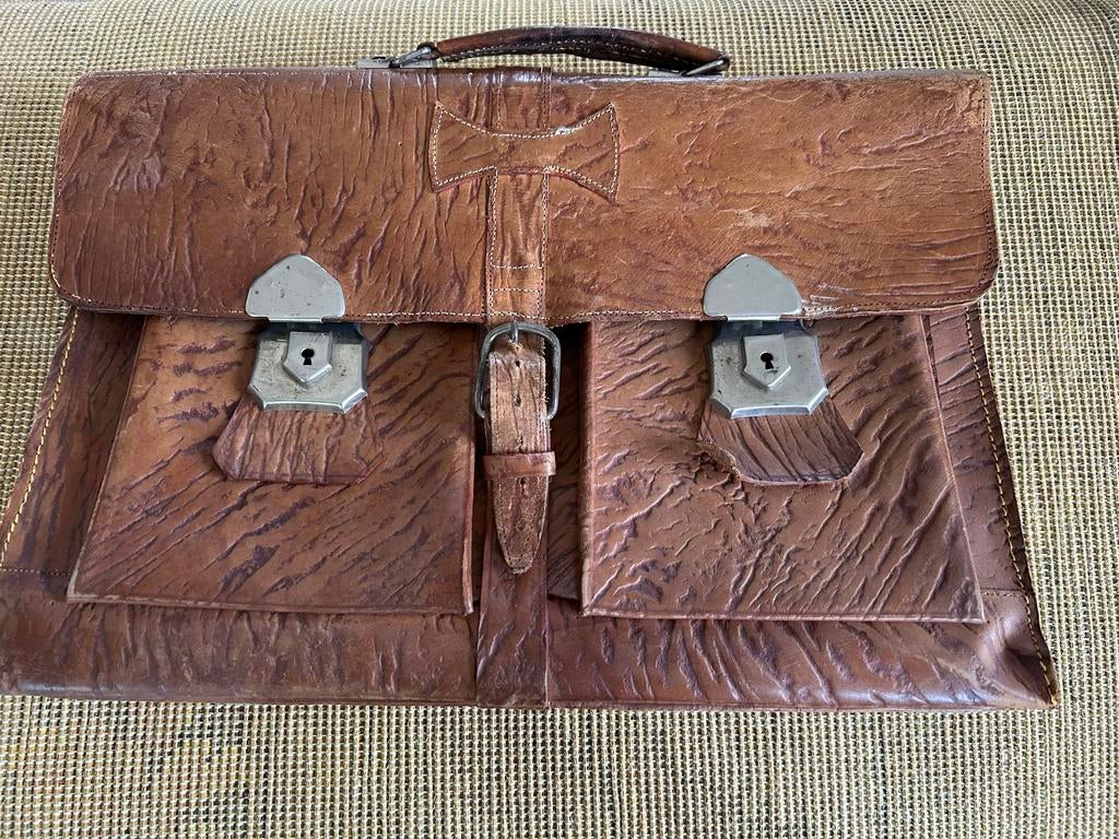 Vintage Leren Schooltas - Authentiek en Robuust, Ophalen, Gebruikt, Bruin, Aktetas of Boekentas