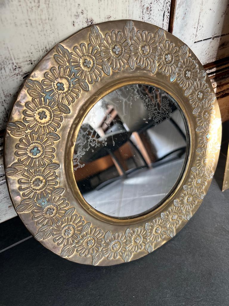 Oosterse messing vintage spiegel handwerk, Gebruikt, Rond, Ophalen of Verzenden, https://verburgtvintage.nl/#contact