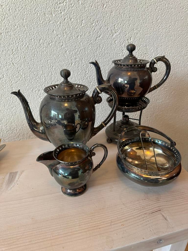 Antieke 6-delige WMF Theeset op Rechaud Jugendstil ca. 1900, Antiek en Kunst, Ophalen of Verzenden