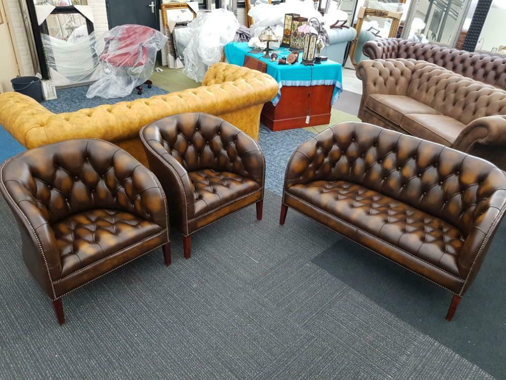 Chesterfield NIEUW bankstel + GRATIS BEZORGD antique gold, Nieuw, Rechte bank, Leer