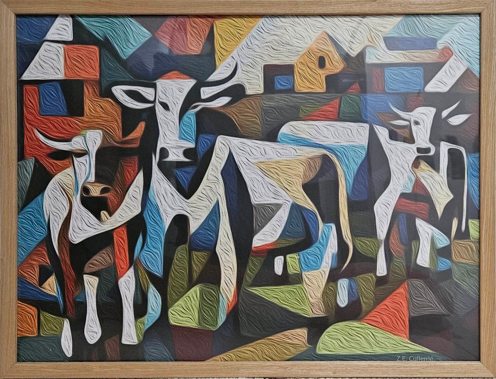 Print van schilderij van koeien op boerderij, Ophalen of Verzenden