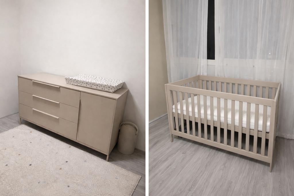 Born Lucky Babykamer - Ledikant, Matras, Commode, Plank, Ophalen, 50 tot 70 cm, 100 cm of meer, Zo goed als nieuw