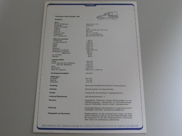 CITR 019 Citroen Acadiane Technische Daten 1982, Boeken, Auto's | Folders en Tijdschriften, Zo goed als nieuw, Citroën, Ophalen of Verzenden
