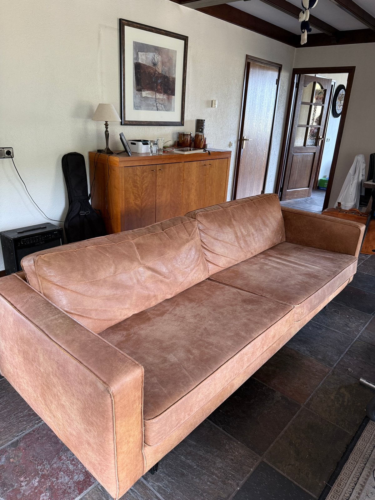 WOOOD 3-zits bank cognac kleur, Ophalen, Gebruikt, Driepersoons, 75 tot 100 cm