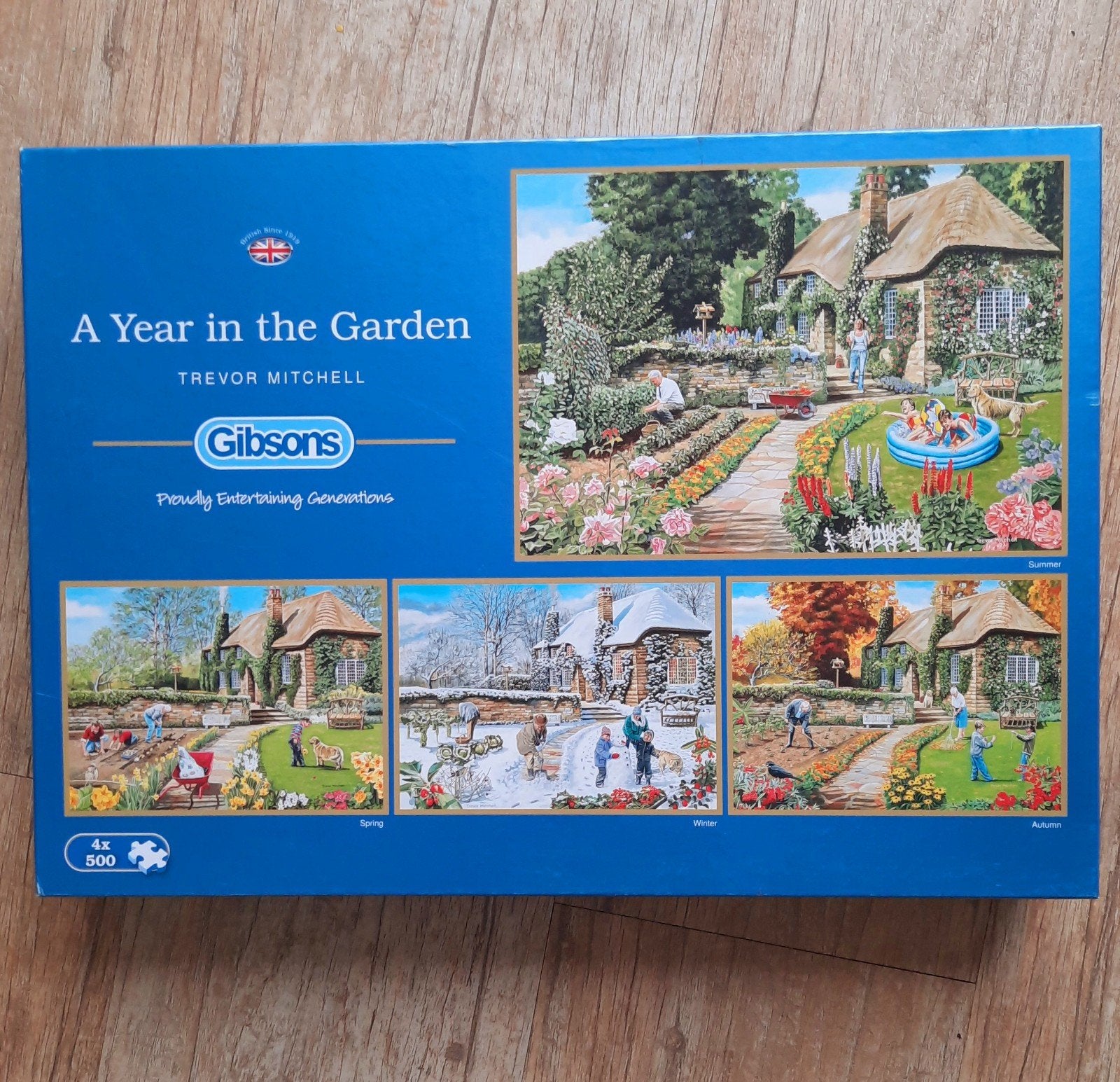 Gibsons Legpuzzel: Een Jaar in de Tuin (4x500 stukjes), Ophalen of Verzenden, 500 t/m 1500 stukjes, Zo goed als nieuw