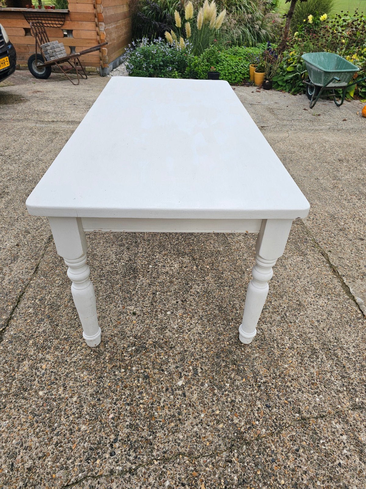Witte houten eettafel met gedraaide poten, Ophalen, Gebruikt, 50 tot 100 cm, 150 tot 200 cm