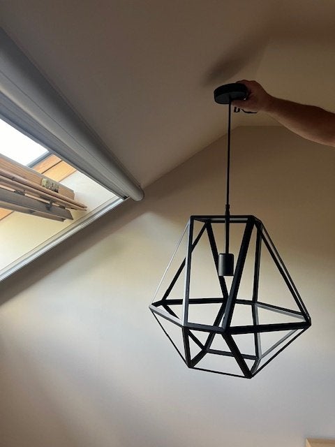 Stoere Zwarte IJzeren Hanglamp  – Trapezium Vorm – E27, Ophalen, Zo goed als nieuw, Metaal, E27 (groot)