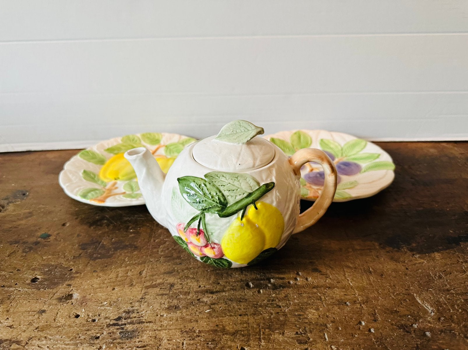 Vintage bordjes met fruit en theepot fruit, Antiek en Kunst, Ophalen of Verzenden