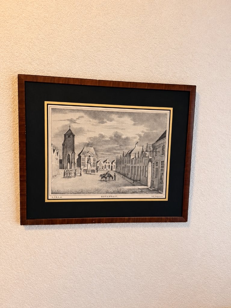 Ingelijste historische prent Roosendaal – Markt en kerk, Antiek en Kunst, Ophalen, Ingelijst
