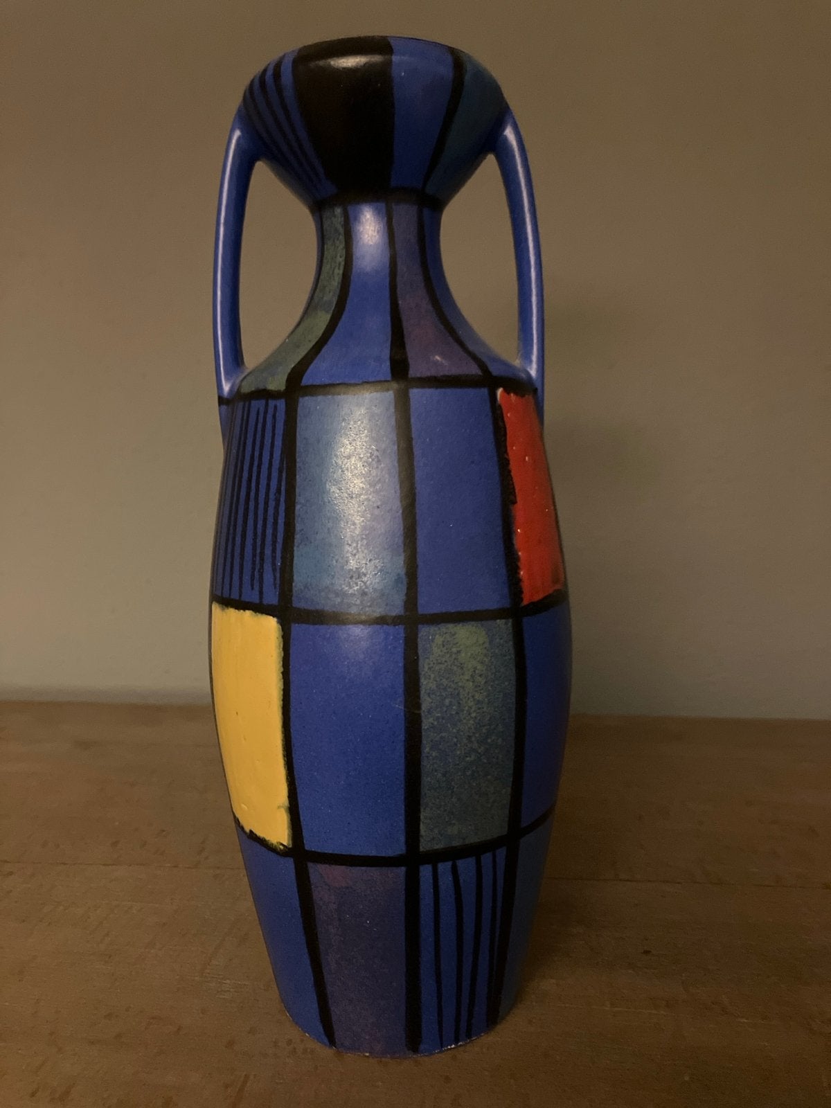 Vintage West-Germany vaas 25 cm - Blauw met kleurrijke blokk, Ophalen