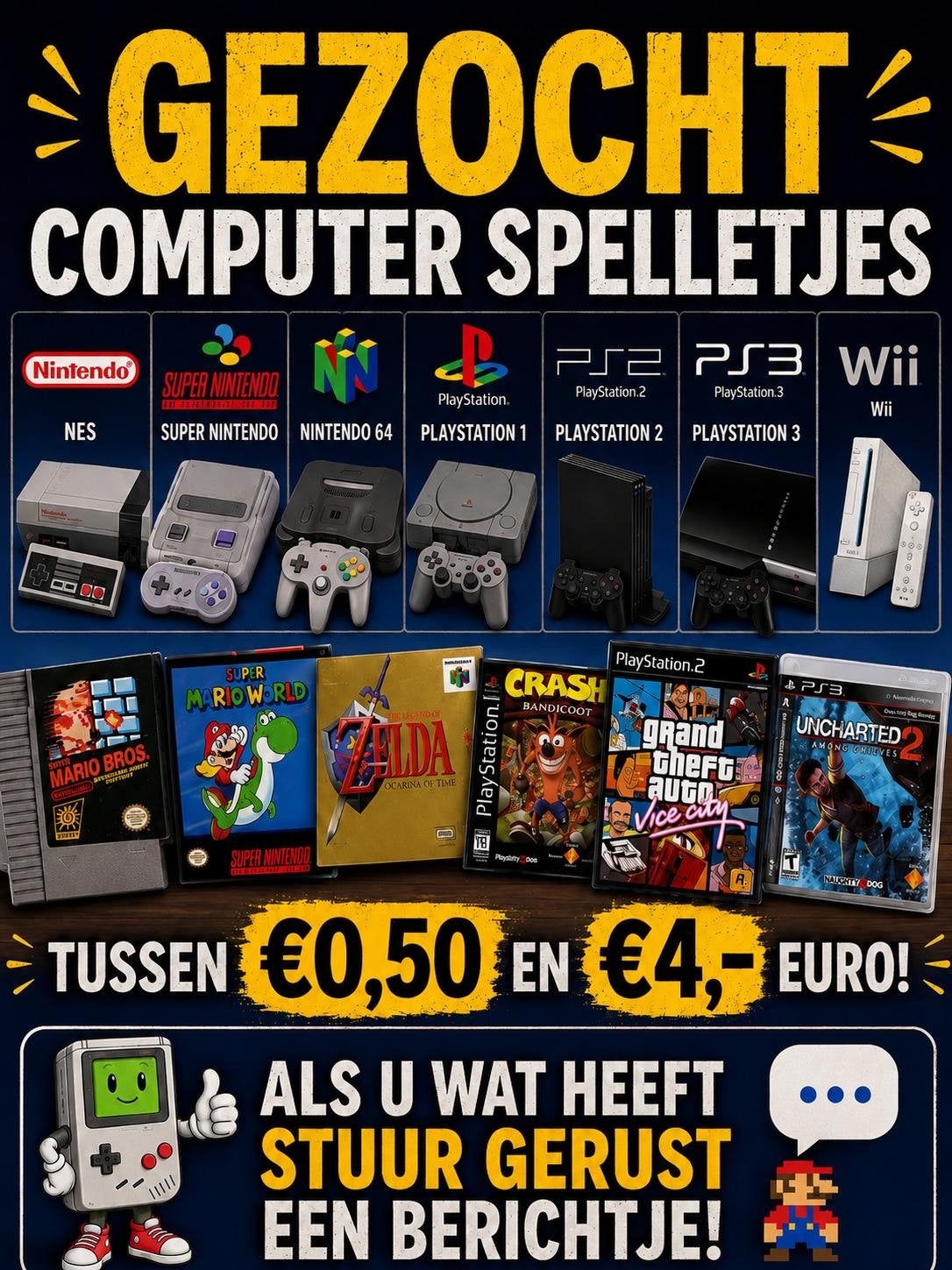 Gezocht: Computer spelletjes (NES, SNES, N64, PS1, PS2, PS3,, Ophalen, Gebruikt, Overige genres, 1 speler