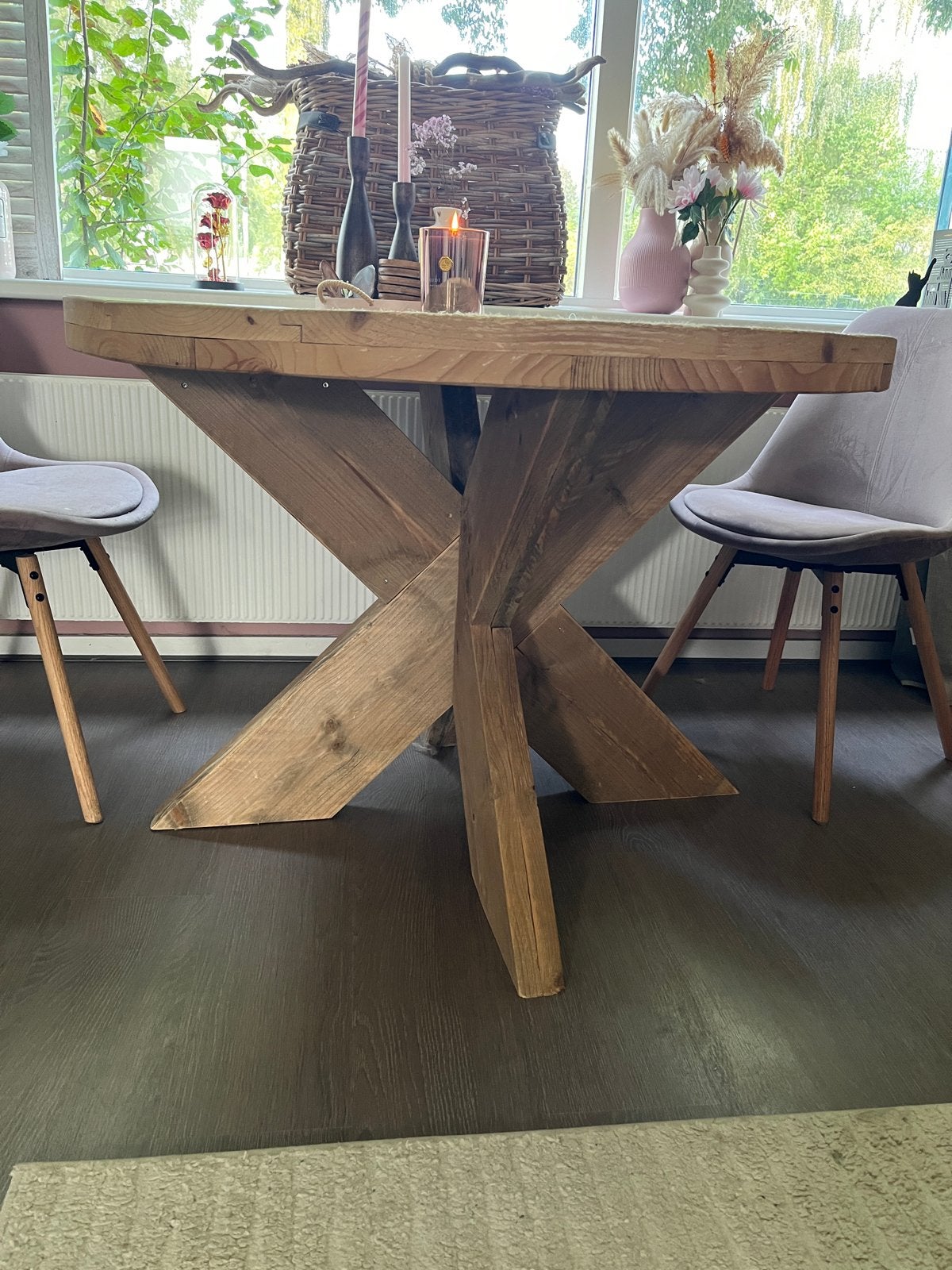 Ronde houten eettafel met kruispoot, Ophalen, Gebruikt, 100 tot 150 cm, Rond