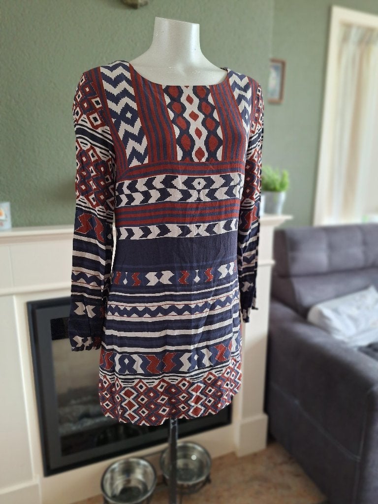 Desigual blauw rood crème jurk 40 M, Maat 38/40 (M), Desigual, Gedragen, Boven de knie