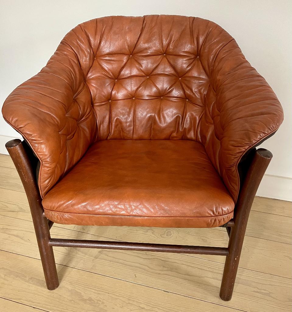 Vintage leren lounge stoel - Scandinavisch design - cognac, Ophalen, Gebruikt, Vintage Hjellegjerde leren lounge stoel – Scandinavisch design