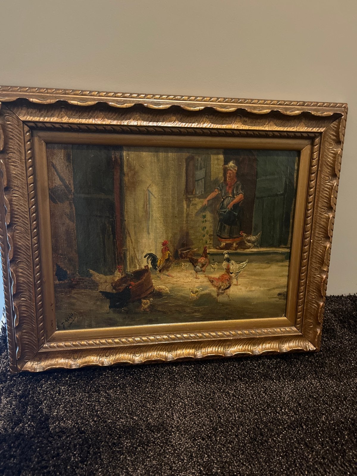 Mooi schilderij van Davau - Boerderijtafereel met kippen, Doek, Realistisch, Dieren, Ophalen of Verzenden