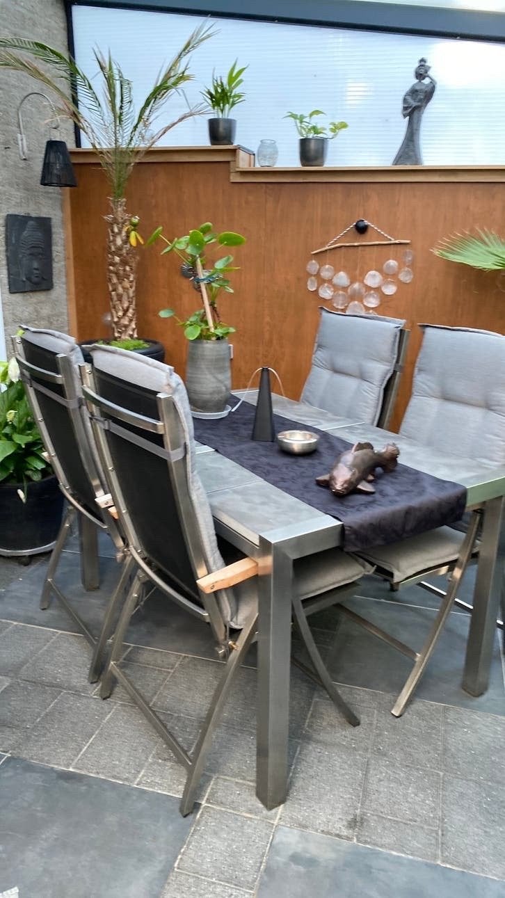 RVS tuinset tafel plus vier stoelen, Ophalen, Rvs