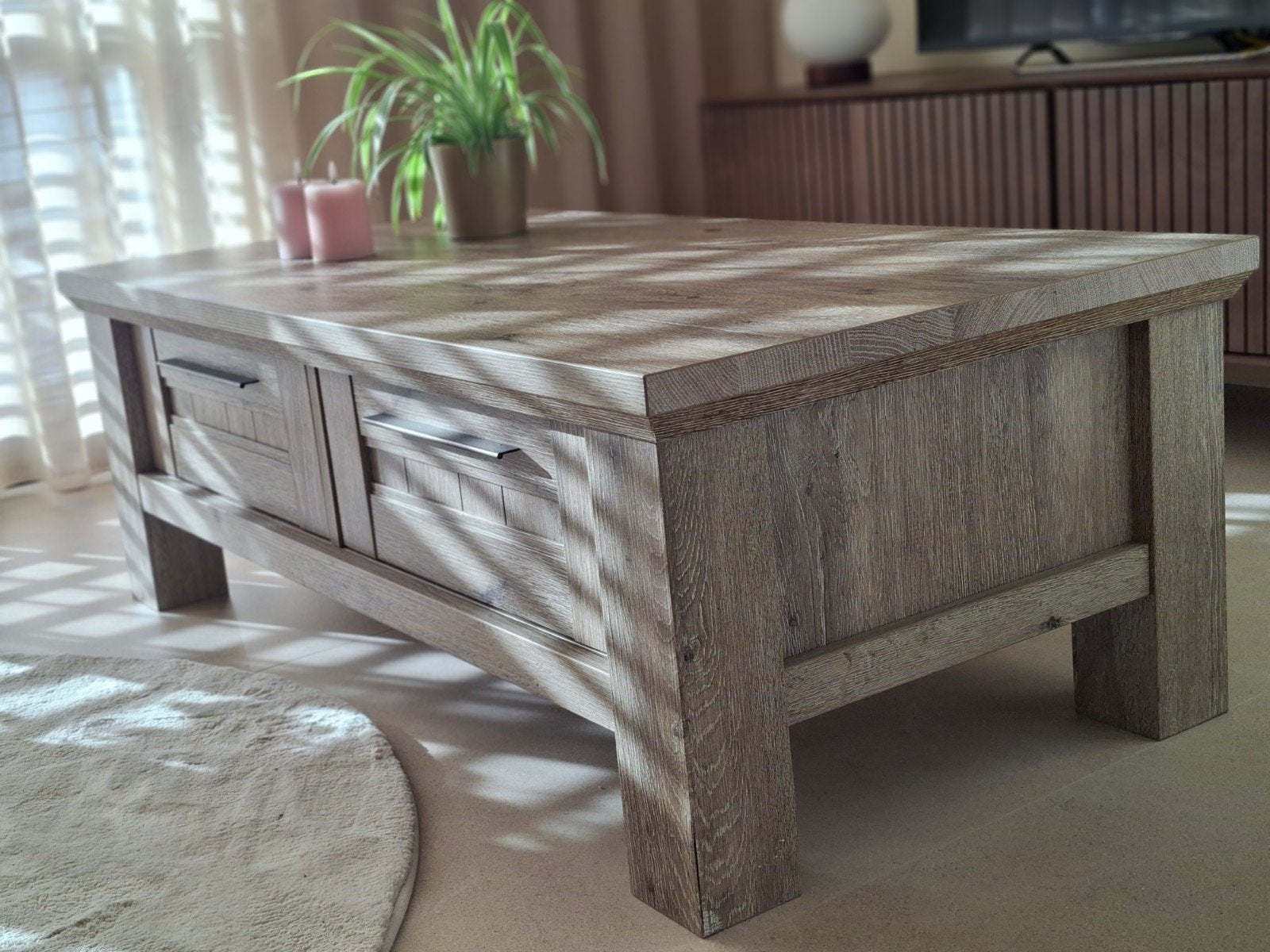 Robuuste salontafel 135x67x45cm bruin/grijs, Huis en Inrichting, Ophalen, 100 tot 150 cm, Zo goed als nieuw, 5 – 50