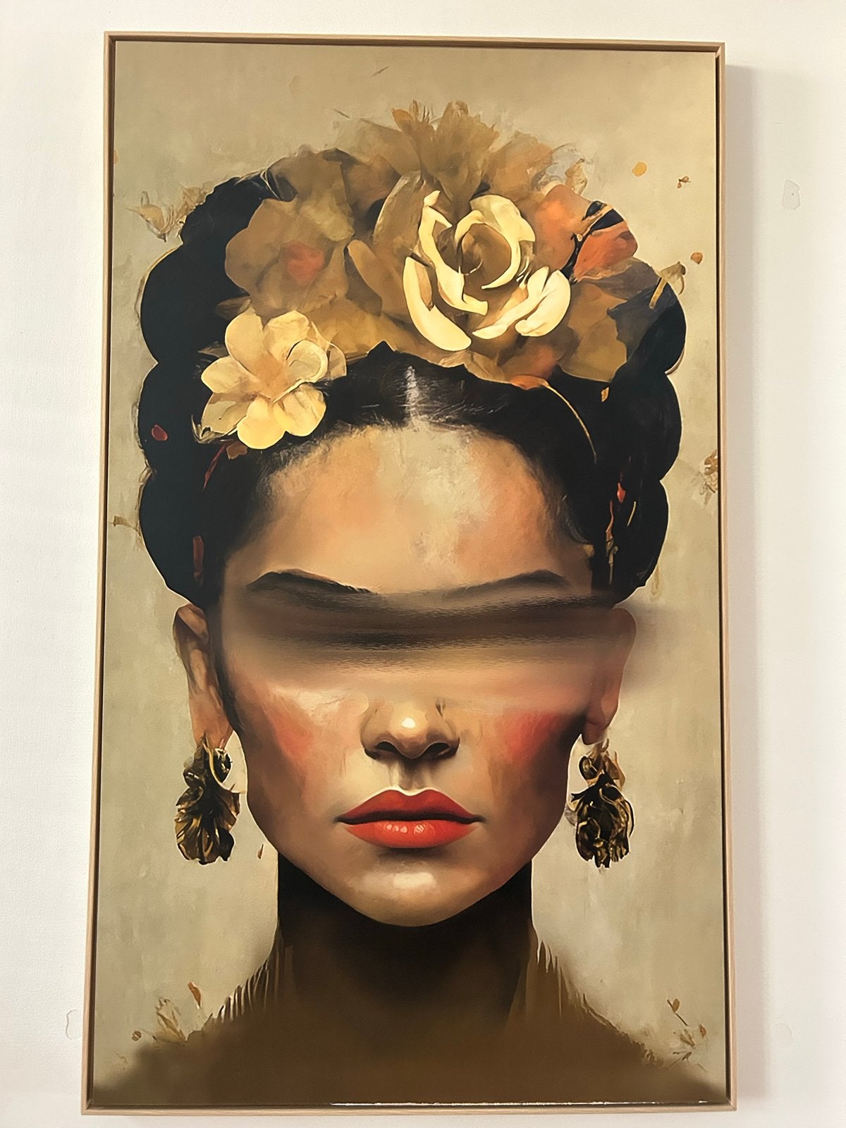 Moderne Frida Kahlo-geïnspireerde wanddecoratie, Ophalen, Print, Op houten frame, Portret