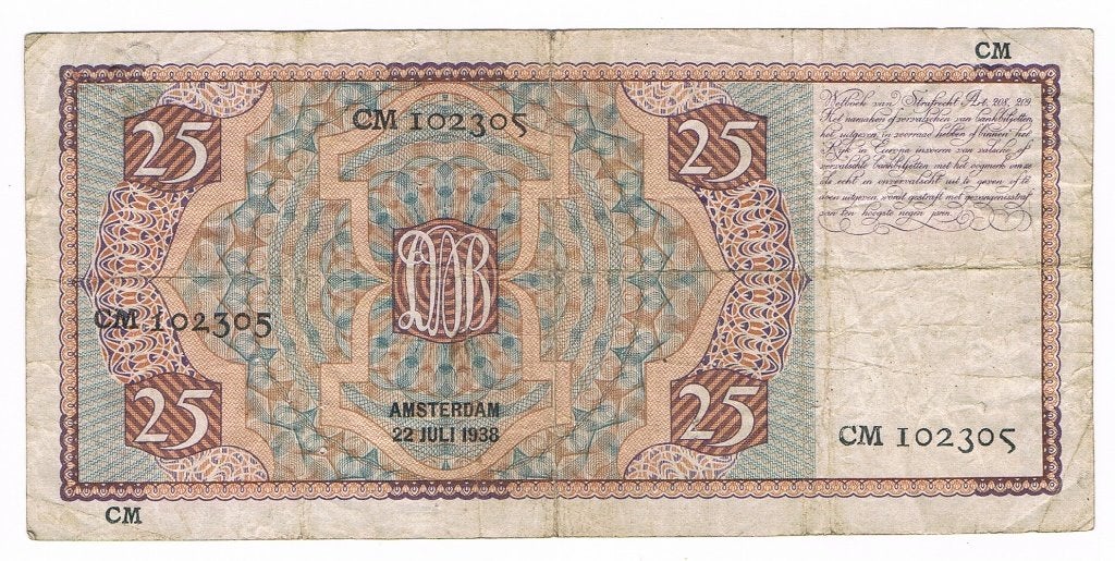 25 gulden 22 juli 1938 Mees Replacement, Postzegels en Munten, Bankbiljetten | Nederland, Verzenden, 25 gulden, Los biljet