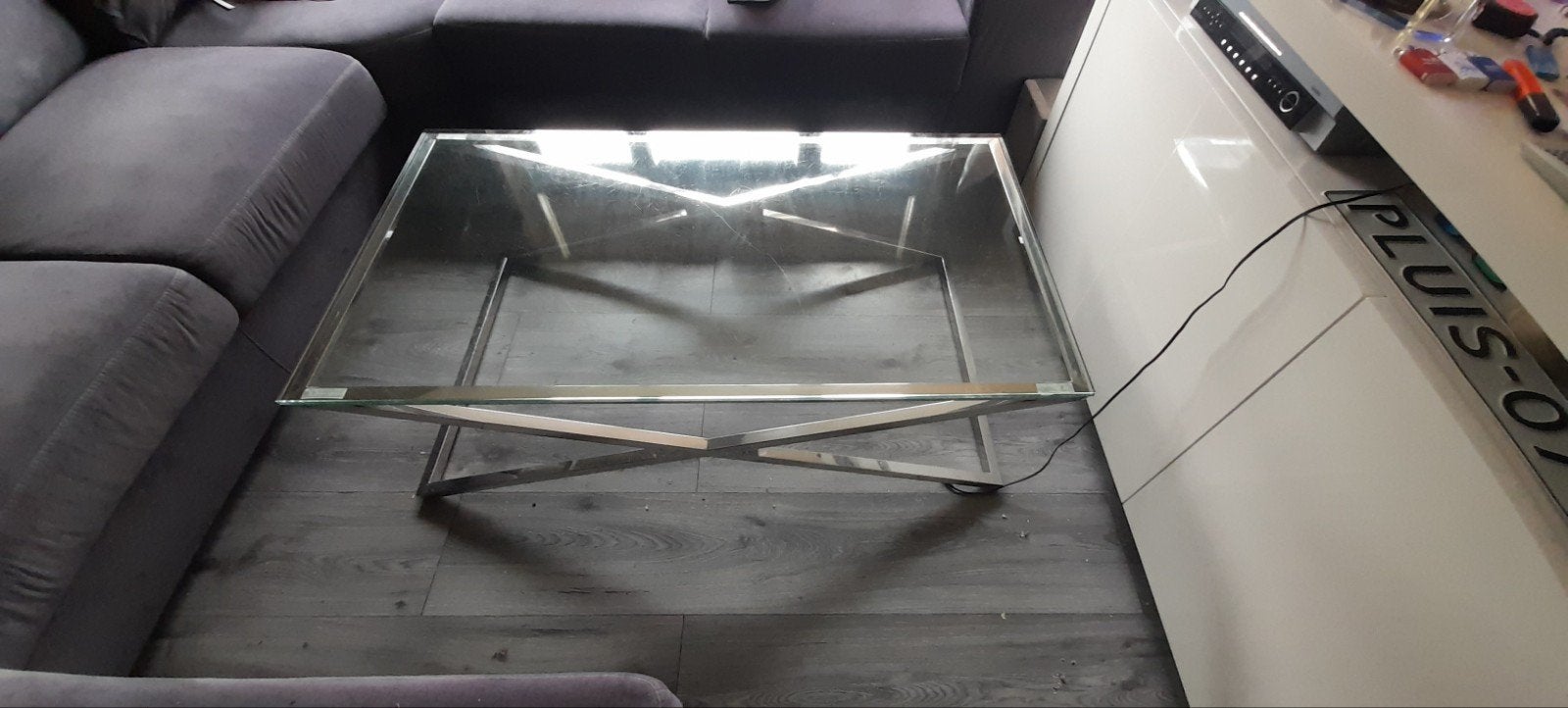 Glazen salontafel met verchroomd RVS dubbel X-frame, Huis en Inrichting, Ophalen
