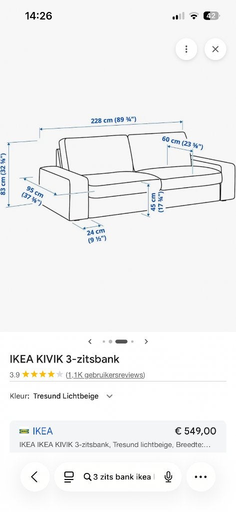 3 persoons zitbank Kivik, Ophalen, Gebruikt, Driepersoons, 75 tot 100 cm