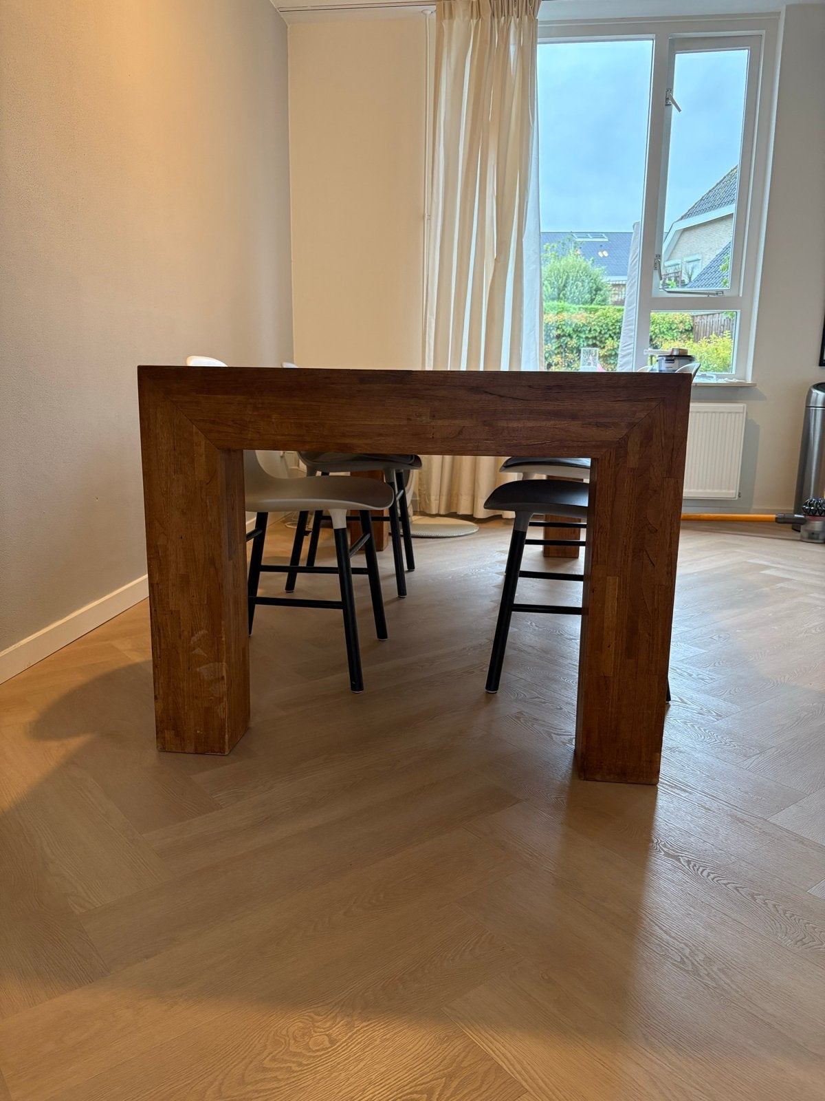 Ruime massief teakhouten eettafel (220x100 cm) met 5e poot, Ophalen, Gebruikt, 100 tot 150 cm, Teakhout