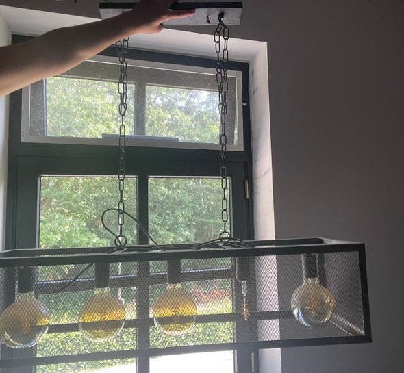 Industriële hanglamp met 5 lichtpunten, Ophalen, E27 (groot), Zo goed als nieuw, Metaal