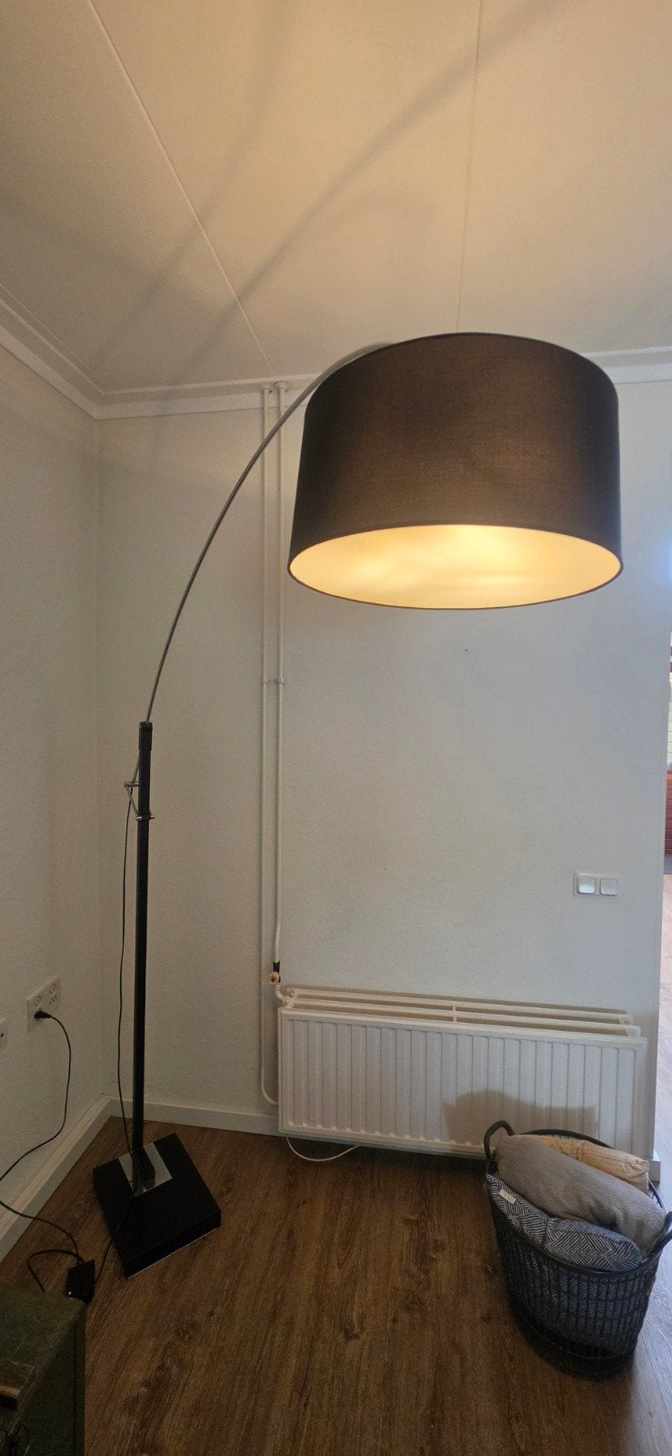 Moderne booglamp met stoffen kap - Zwart/Chroom, Ophalen, Gebruikt, E27 (groot), Textiel