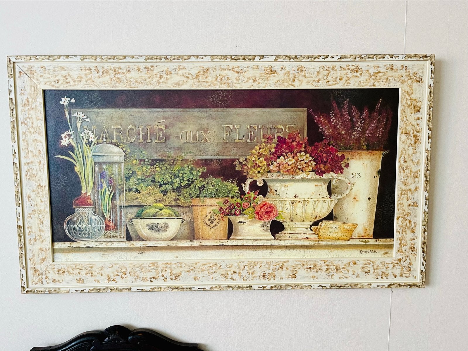 Schilderij 'Marché aux Fleurs' met sierlijke lijst, Antiek en Kunst, Bloemen, Doek, Ophalen of Verzenden, Olieverf