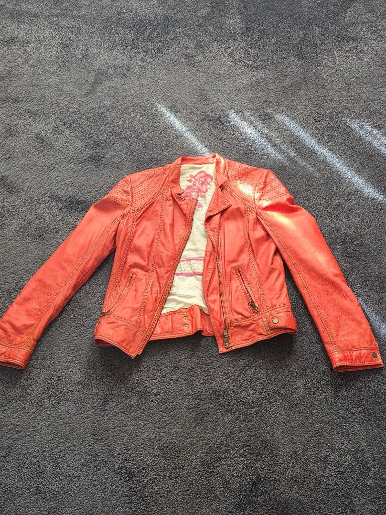 Milestone leren jas koraalrood  38, Ophalen, Gedragen, Maat 38/40 (M), Rood